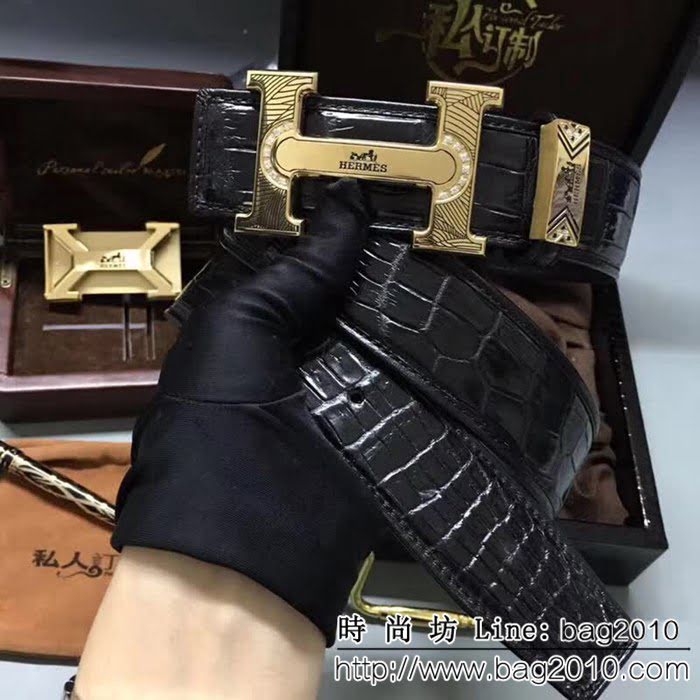 愛馬仕HERMES 純手工美洲鱷魚無拼接肚皮 高端男士皮帶 HHG1209